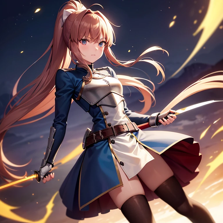 Monika as a boy magic swordsman wielding a longsword glimmering sideral blue soul sword boy clothes monika, determined eyes guard position, closed blue gambeson coat, black bottoms, long boots, metallic artoria pendragon armor parts chest plate pauldrons belt gauntlets greaves, black wellington glasses red eyes, forehead showing hair style like takagi-san reddish dark brown hair ponytail white ribbon lace on ponytail hair, surrounded by lightning arcs electricity, background is night becoming morning