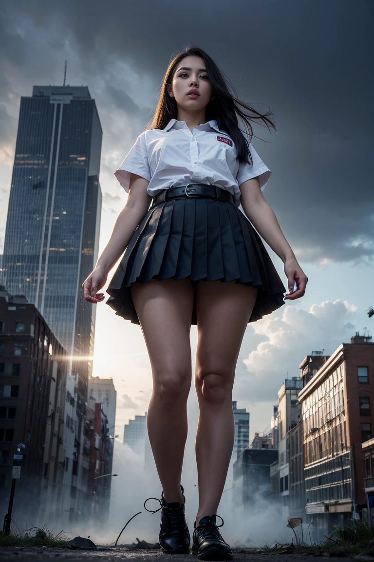 A towering Giantess in ((Thailand University Uniform)), white shirt, short sleeves, black color pleated skirt, brown belt, lifting skirt, small breasts, looking at viewers, Her toned and she lean and slender body. She seems to be casually strolling through the bustling cityscape of New York City, as towering buildings loom overhead. Smoke and clouds roil around her, adding to the sense of epic scale and drama. The lighting is dark, gloomy, and realistic, creating a tense and ominous atmosphere. The perspective is from below, emphasizing the sheer majesty and power of the A towering Giantess.