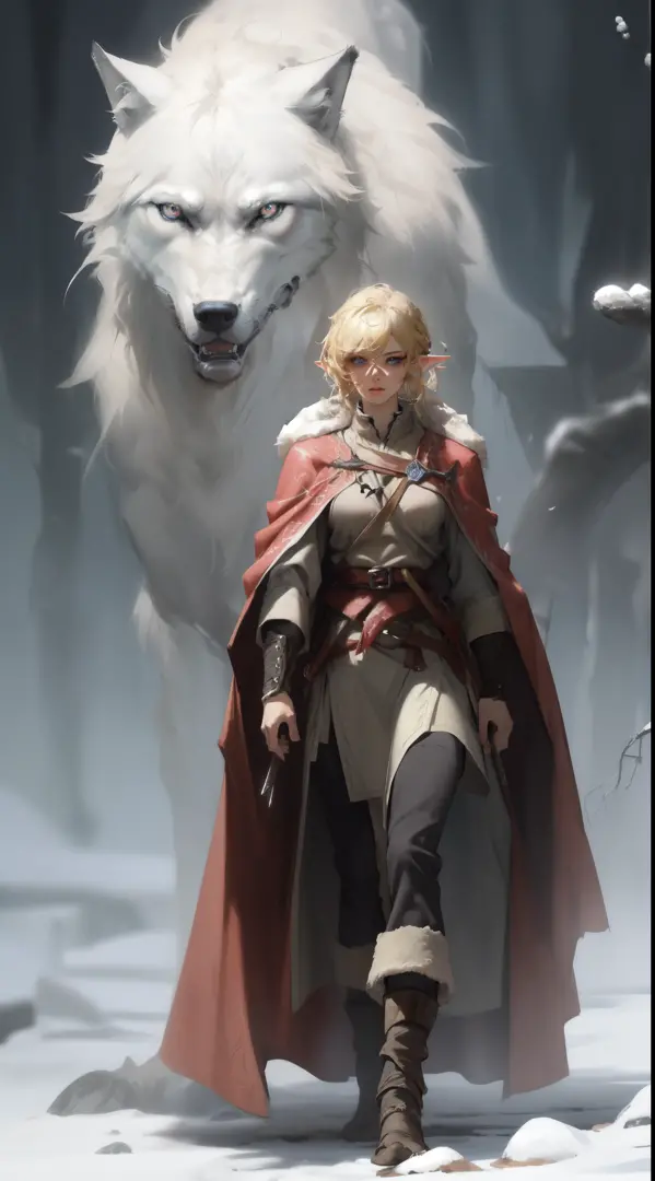 ((masterpiece, best quality)), (fractal art:1.3), viking elf girl, fantasy, Standing with ancient wolf, concept yoji shinkawa, c...