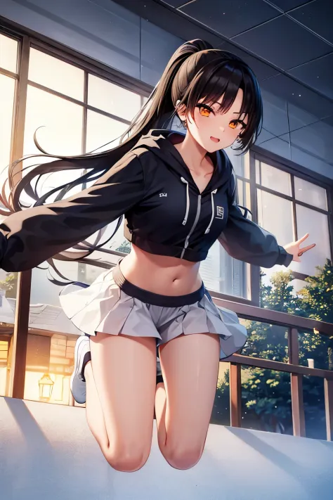 captivating scene featuring a beautiful anime-style girl with distinct features, set against a winter wonderland backdrop. The girl will have black hair styled in a ponytail, single eyelids, and hooded, sultry, deep-set, captivating eyes of a striking dark...