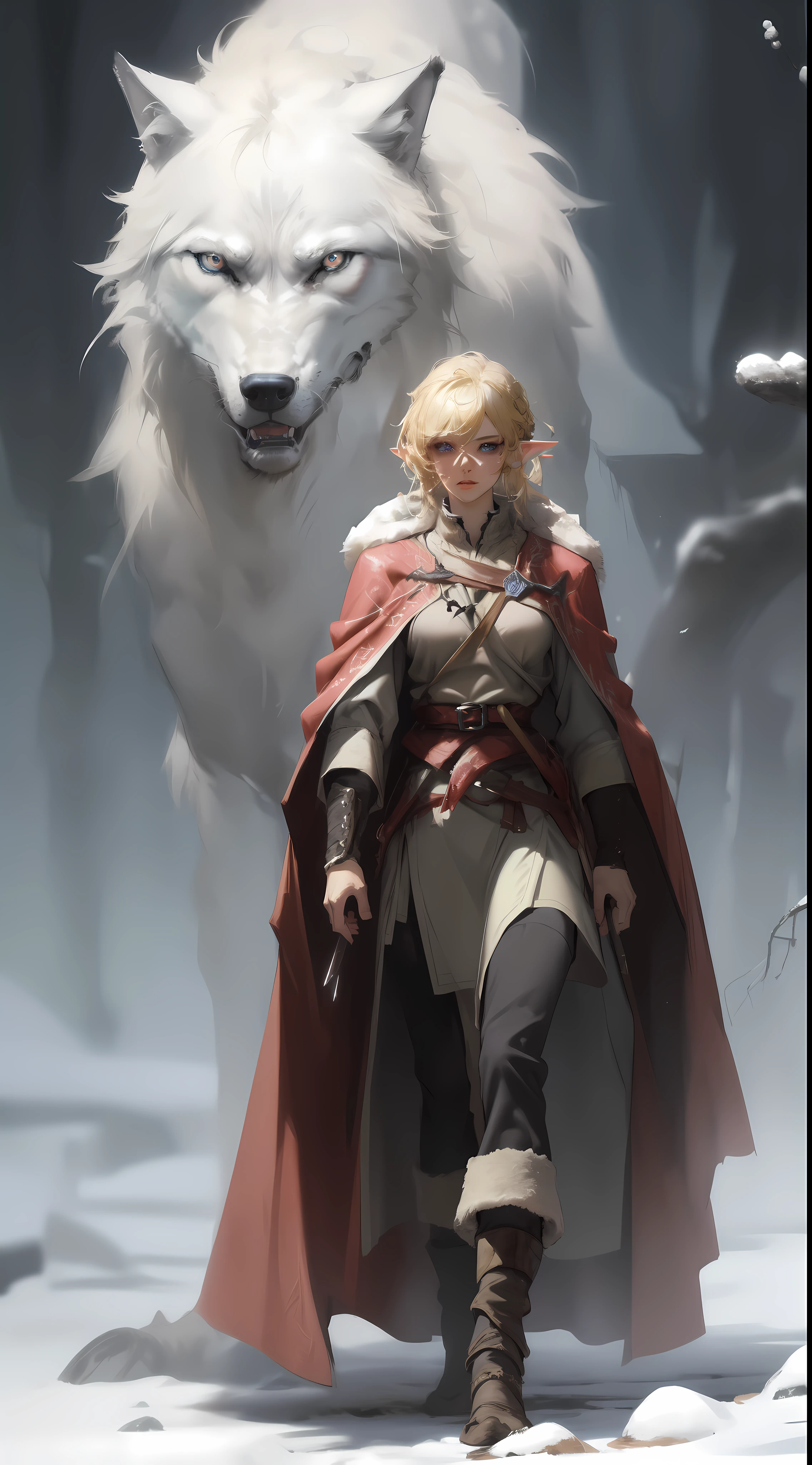 ((Obra maestra, mejor calidad)), (fractal art:1.3), viking duende girl, Fantasía, Standing with ancient lobo, concepto yoji shinkawa, arte conceptual, cuadro, Frank Frazetta, BREAK, (duende:1.2), 1 chica, solo, (pelo rubio:1.15), flequillo contundente, (pelo entre los ojos), Blue Eyes, (hermoso rostro detallado:1.2)，estilo artístico de Artgerm, por Wadim Kashin, por Kawacy, BREAK, (1animal), ((lobo)),  esponjoso, grande, piel blanca, BREAK, ((ropa vikinga antigua))，esponjoso cloak,  grande breast, pantimedias largas negras con botas blancas, BREAK, Pestañas, sombra, pink sombra, BREAK, extremadamente detallado, ángulo dinámico, Tiro dinámico, la forma más bella de caos, elegant, un brutalista diseñado, El entorno es un bosque escandinavo en invierno,