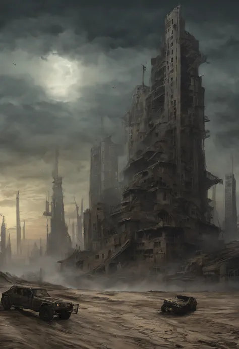 Create a utopian masterpiece，Destroyed futuristic cityscapes depicted ...