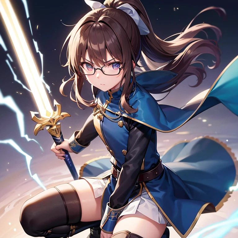 boy magic swordsman wielding a longsword glimmering sideral blue soul sword boy clothes, determined eyes guard position, closed blue gambeson coat, black bottoms, long boots, metallic artoria pendragon armor parts chest plate pauldrons belt gauntlets greaves, black wellington glasses red eyes, forehead showing hair style like takagi-san] dark brown hair monika ponytail white ribbon lace on ponytail hair, surrounded by lightning arcs electricity, background is night becoming morning, scene focus on above the waist and the sword blade