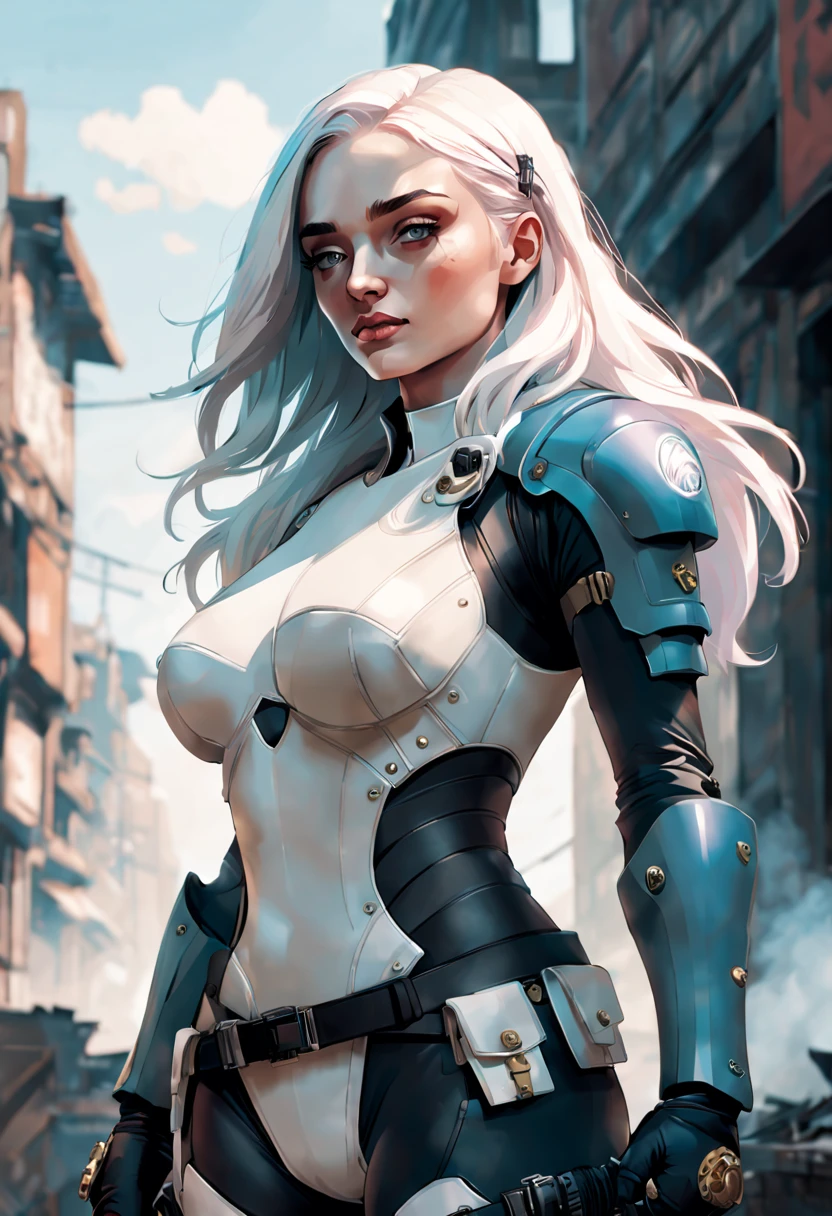 torso shot, facing front, best quality, masterpiece, cyberpunk Sophie Turner as 1girl, (solo:1.1), ultra detailed,detailed face, 8k wallpaper, platinum white hair in side cut fashion, wide hips, smile, Sophie Turner as military female soldier with gear of war, city background, smoke and rubbles, by gustav klimt , atey ghailan, by greg rutkowski, by greg tocchini, by james gilleard, by joe fenton, by kaethe butcher, gradient blue,  green and purple color scheme