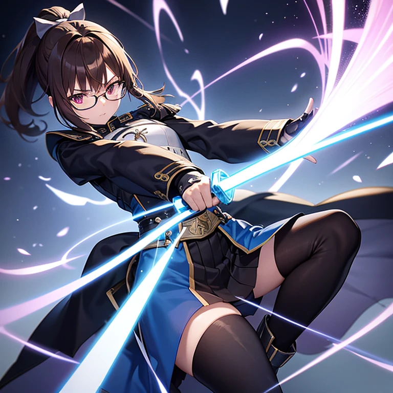 boy magic swordsman wielding a longsword glimmering sideral blue soul sword boy clothes, determined eyes guard position, closed blue gambeson coat, black bottoms, long boots, metallic artoria pendragon armor parts chest plate pauldrons belt gauntlets greaves, black wellington glasses red eyes, forehead showing hair style like takagi-san] dark brown hair monika ponytail white ribbon lace on ponytail hair, surrounded by lightning arcs electricity, background is night becoming morning, scene focus on above the waist and the sword blade