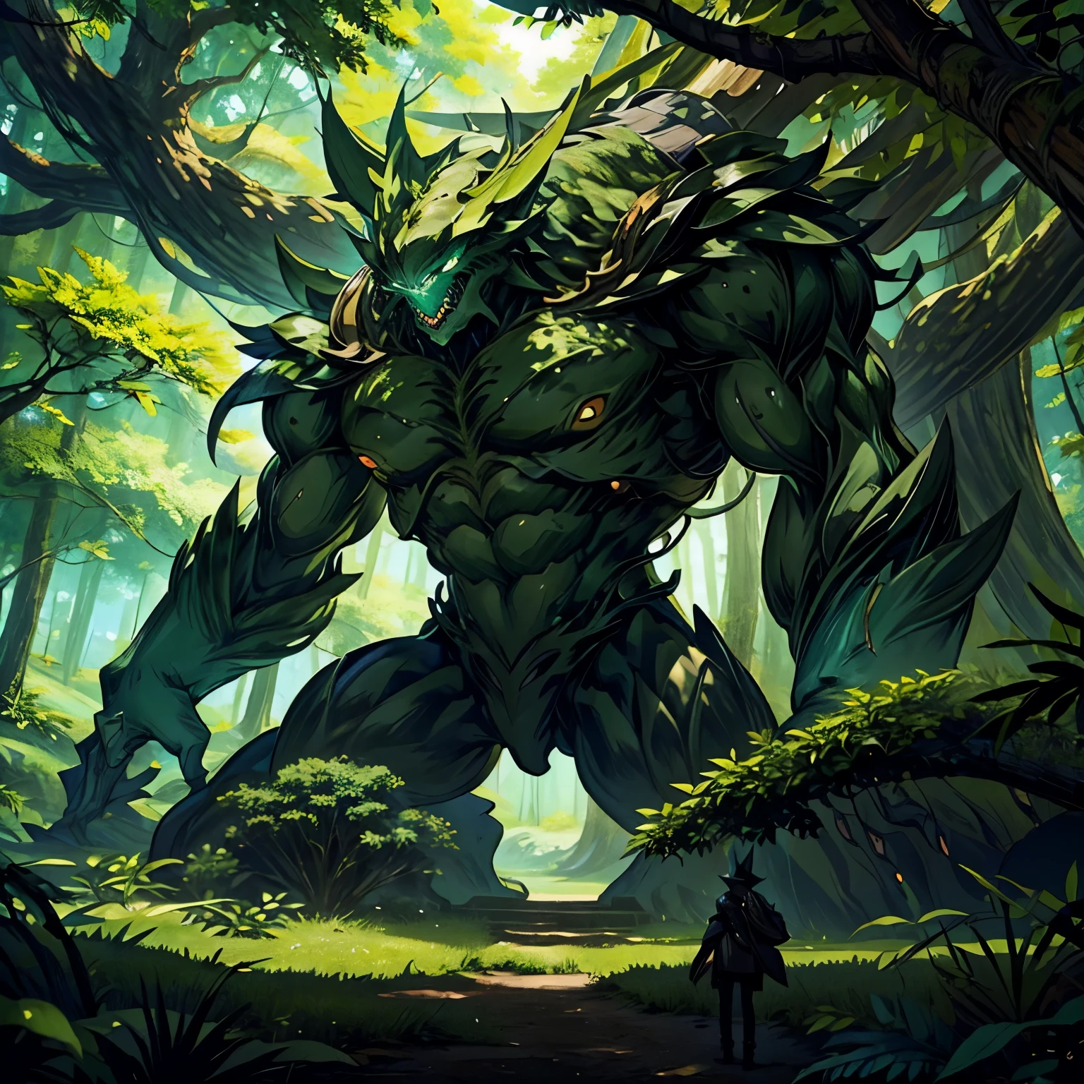 A man standing in the woods looking at a giant monster - SeaArt AI