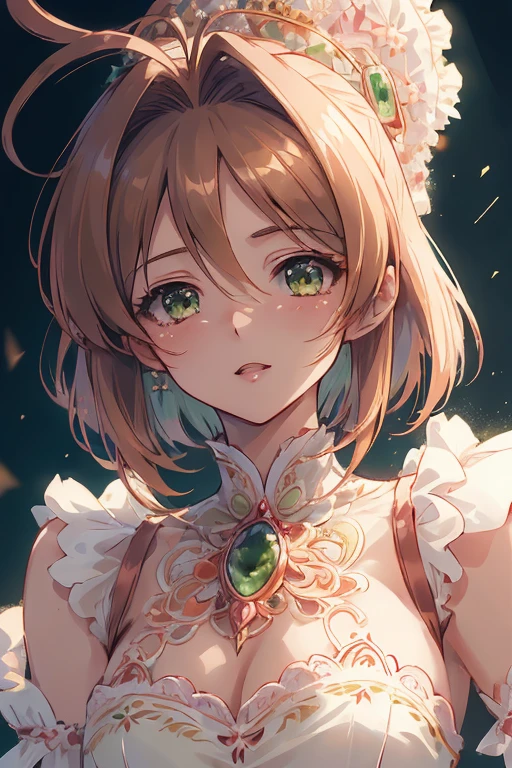 master piece, Best Quality, A high resolution, top-quality, Anime style, The best lighting, Beautiful face, kinomoto sakura, 1woman, tall, 30 years old, large breasts, light brown hair, Short hair, Antenna Hair, Green eyes, frills,  beautiful dress with intricate detailing, dynamic angle, close up