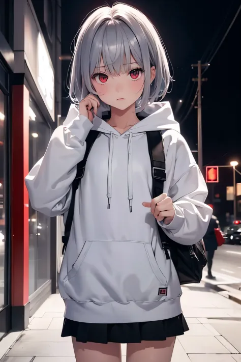 teens girl(10yaers old)、silver neat short hair、childish、Lori、red eyes、in a white hoodie、wearing black coat、a black skirt、american city at night、hightquality、high-detail、8K picture quality、Black Backpack