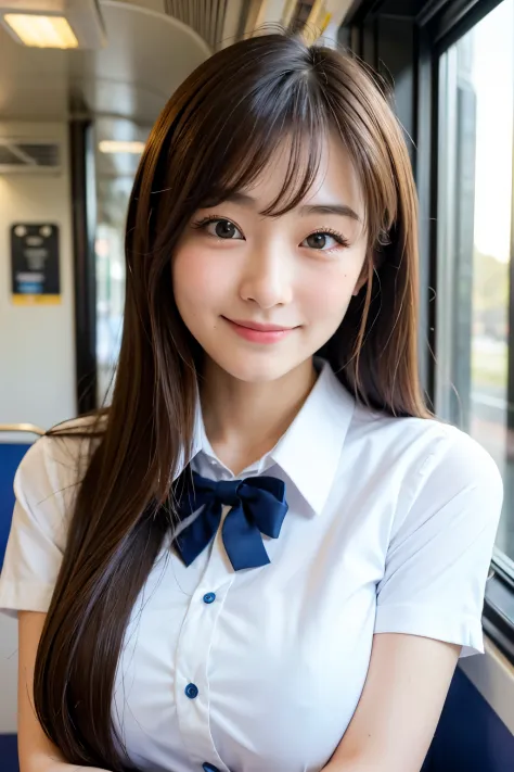 ((Best quality, 8k, Masterpiece :1.3)),
very slender Japanese high school girl with very flat tits, very small breast,
Ultra-detailed face, Detailed eyes, Double eyelid
in a train, indoor,
wearing school uniform and pierce,
smiling and sexy face,
long hair...