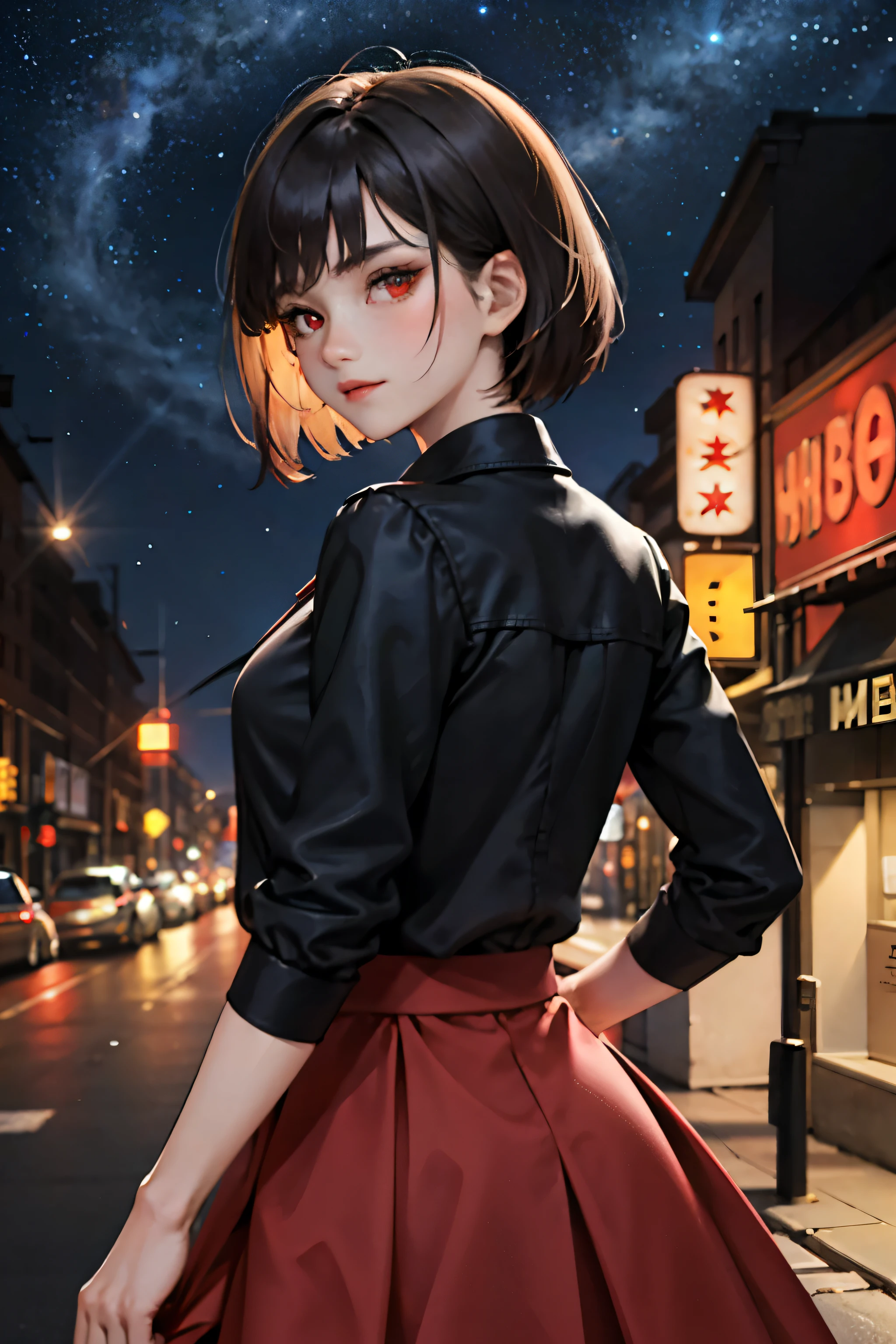 ((masterpiece)), (best quality),, official art, extremely detailed CG unity 8k wallpaper, highly detailed, shiny skin, Depth of field, vivid color,, 1girl, (curvy:0.4), (full body:0.6),, short hair, bangs, red eyes, skirt, looking at viewer, night, street, neon, looking back, star (sky), crowd, upper body,