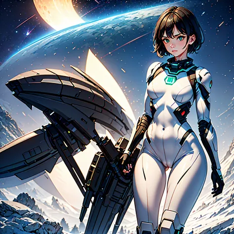 1female, skinny, small breasts, short black hair, green eyes, grey and white scifi bodysuit, scifi light armor, cameltoe