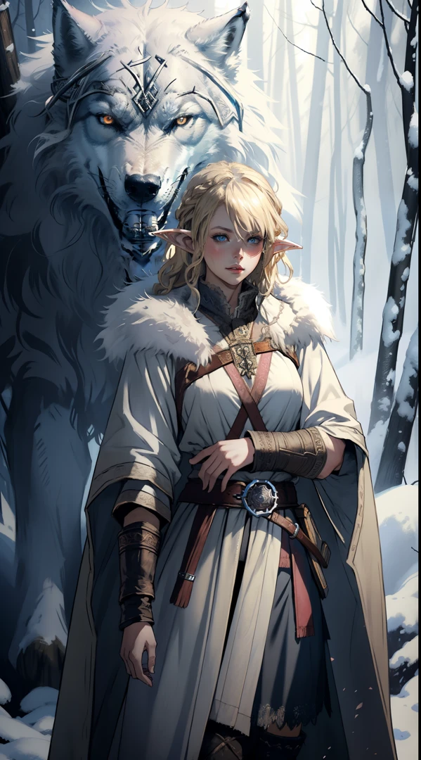 ((masterpiece, best quality)), (fractal art:1.3), viking elf girl, fantasy, Standing with ancient wolf, concept yoji shinkawa, concept art, painting, frank frazetta, BREAK, (elf:1.2), 1girl, solo, (Blonde Hair:1.15), Blunt bangs, (hair between eye), Blue Eyes, (beautiful detailed face:1.2)，art style by Artgerm, by Wadim kashin, by Kawacy, BREAK, (1animal), ((wolf)),  fluffy, big, White fur, BREAK, ((ancient viking clothes))，fluffy cloak,  big breast, long black glovelack pantyhoses with white boots, BREAK, eyelashes, eyeshadow, pink eyeshadow, BREAK, extremely detailed, dynamic angle, dynamic shot, the most beautiful form of chaos, elegant, a brutalist designed, Setting is a Scandinavian forest in winter,