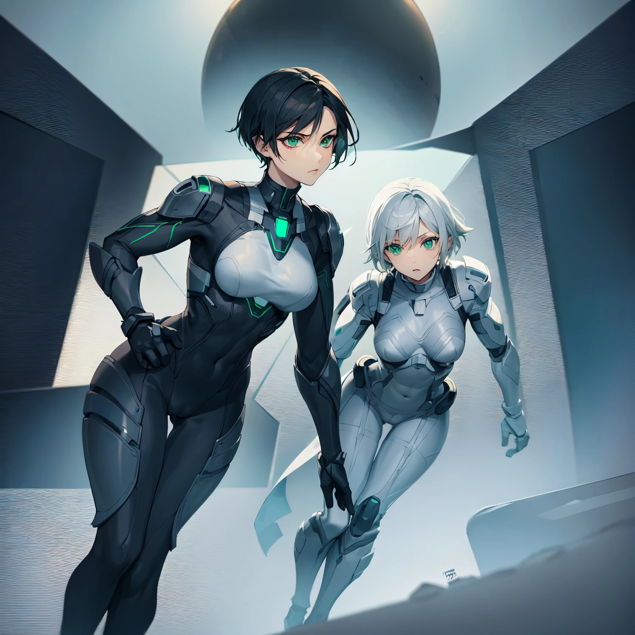 1female, skinny, small breasts, short black hair, green eyes, grey and white scifi bodysuit, scifi light armor, cameltoe