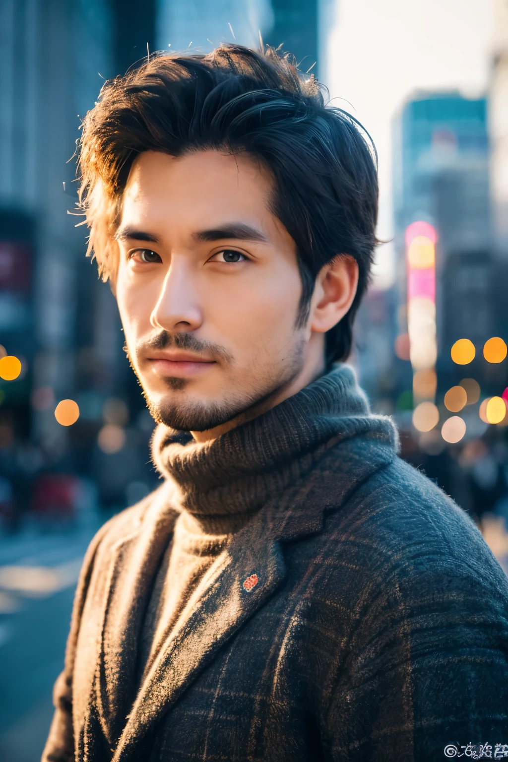 Fotorrealista, Retrato de cuerpo completo en 8K, un guapo, un hombre de 25 años, Una expresión encantadora, detalles detallados de la cara, TOKIOcty, inviernos, Shibuya al fondo