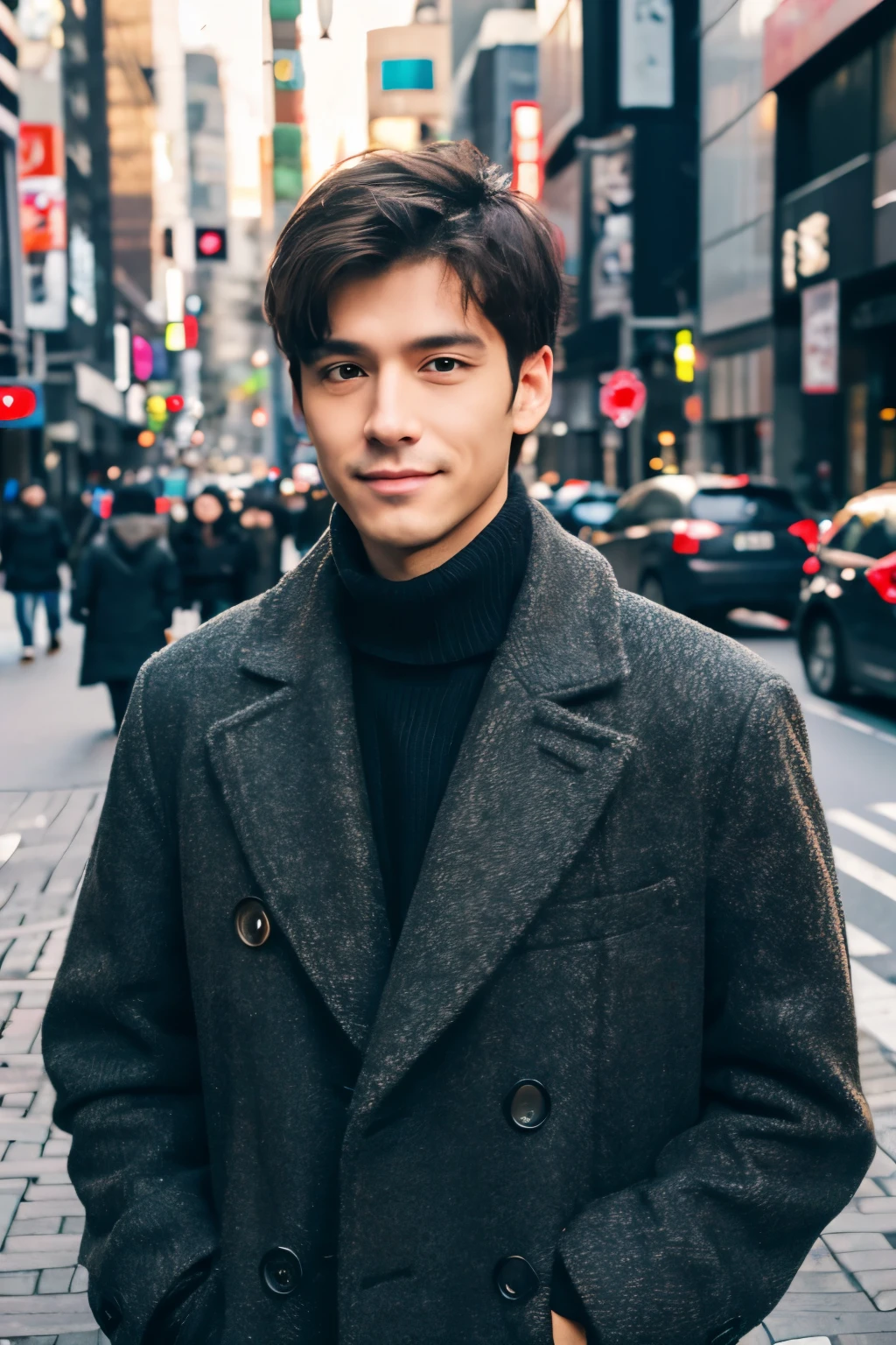 Fotorrealista, Retrato de cuerpo completo en 8K, un guapo, un hombre de 25 años, Una expresión encantadora, detalles detallados de la cara, TOKIOcty, inviernos, Shibuya al fondo