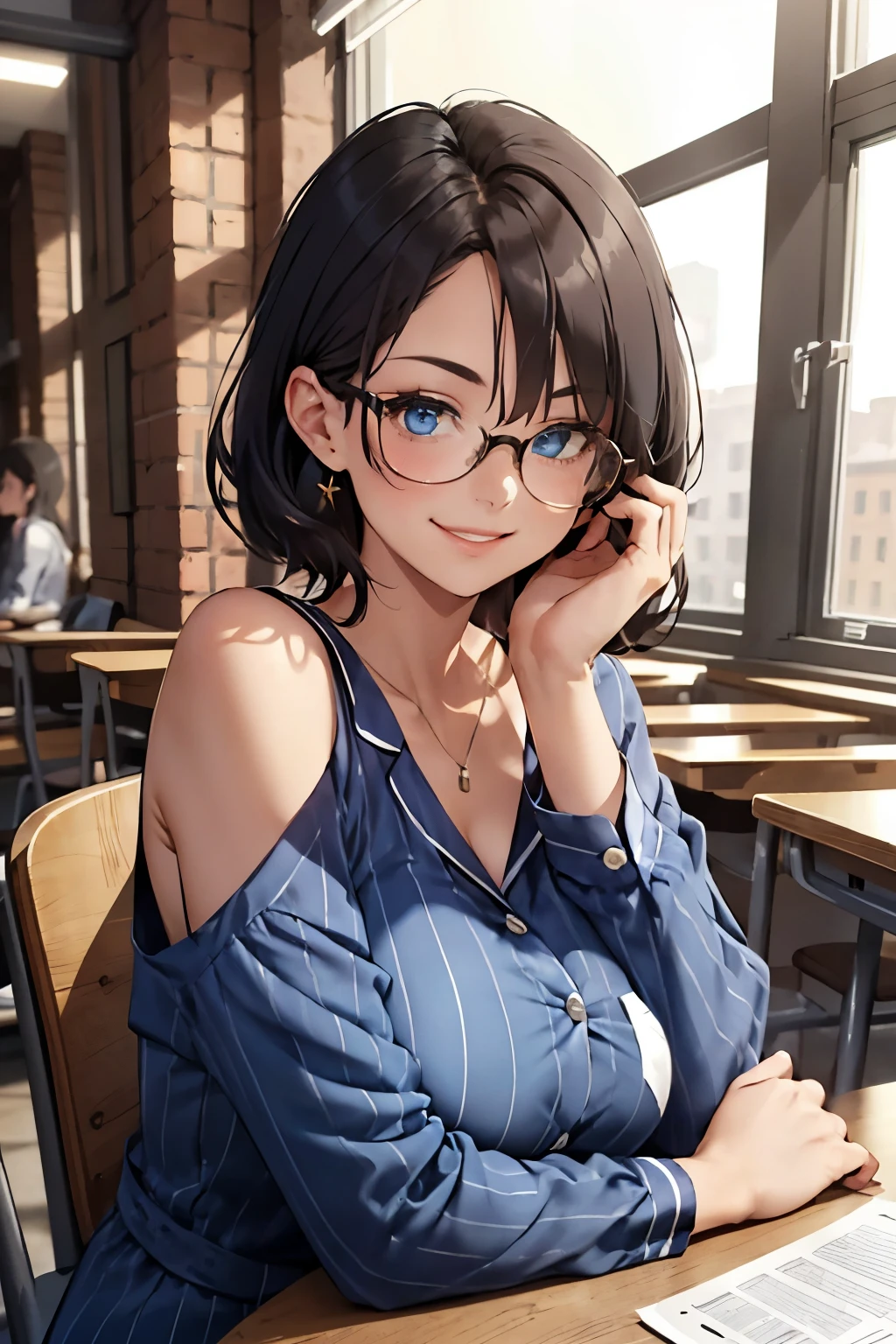 (masterpiece:1.2, best quality), (1lady, solo, upper body:1.2), clothing: loose-fitting, comfortable pajamas Accessories, detailed the hand, Hair: Short dark blue shoulder-length hair Makeup: natural, glowing skin, behaviocing the table, sitting at the table, smiling location: study, study desk, blue eyes, huge breasts, wearing a glasses