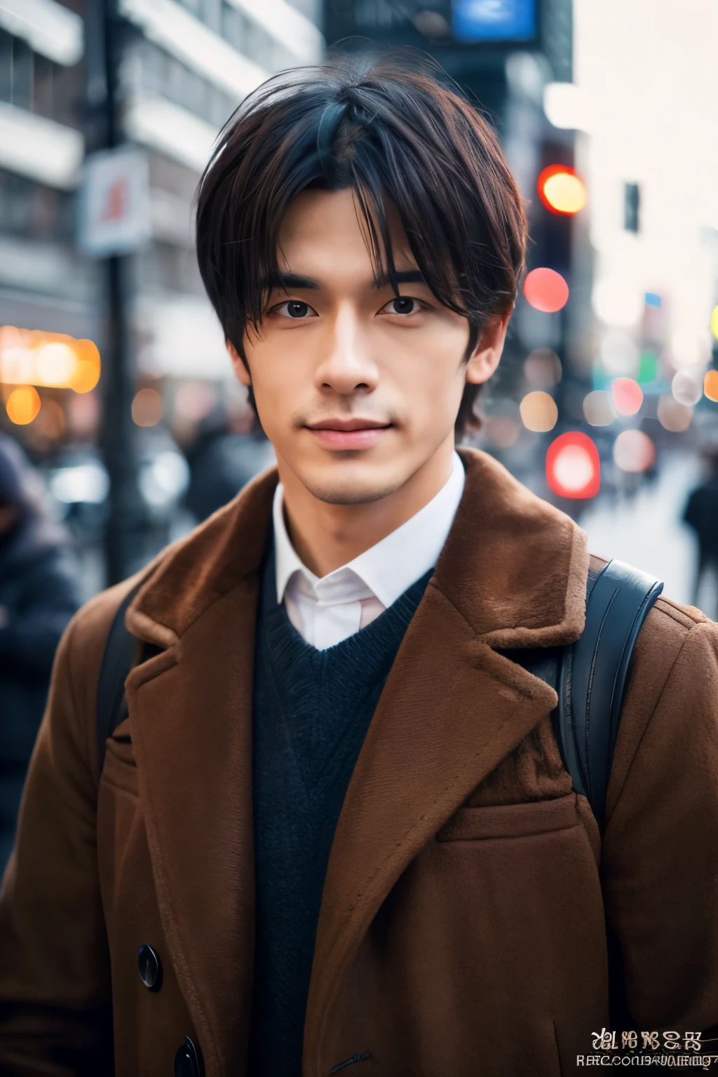 Fotorrealista, Retrato de cuerpo completo en 8K, un guapo, un hombre de 25 años, Una expresión encantadora, detalles detallados de la cara, TOKIOcty, inviernos, Shibuya al fondo