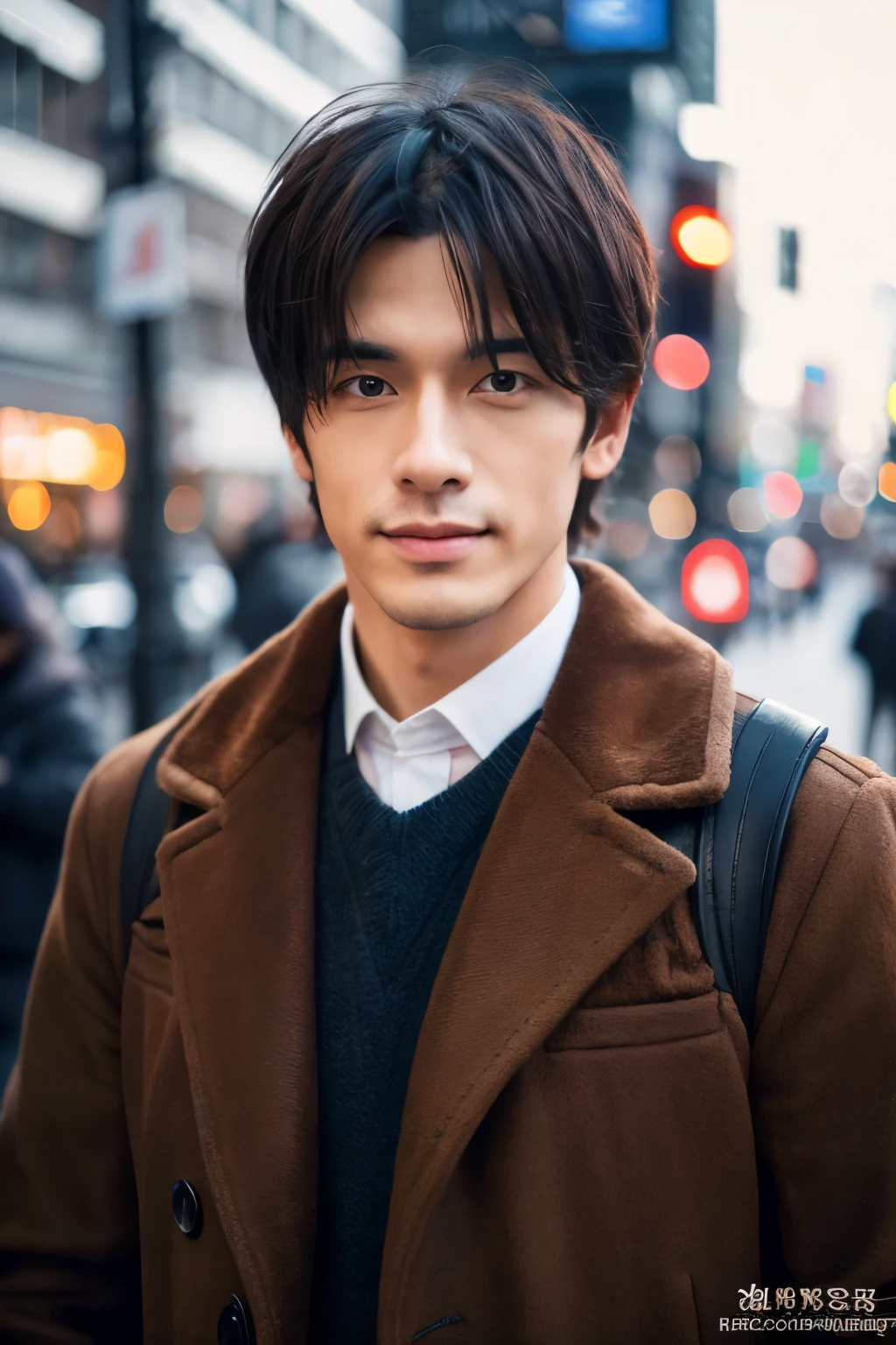 Fotorrealístico, Retrato de corpo inteiro em 8K, um lindo, Um homem, Uma expressão encantadora, detalhes detalhados do rosto, TÓQUIO Outubro, Invernos, Shibuya ao fundo