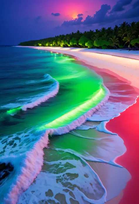 natta，The waves are surging，The sea breeze blowluorescent beaches reveal stunning ocean views，There will be blue light on the waves，Very mysterious and beautiful。Glowing waves，Night light appears on the waves，Natural phenomena，Biofluorescence，Various micro...