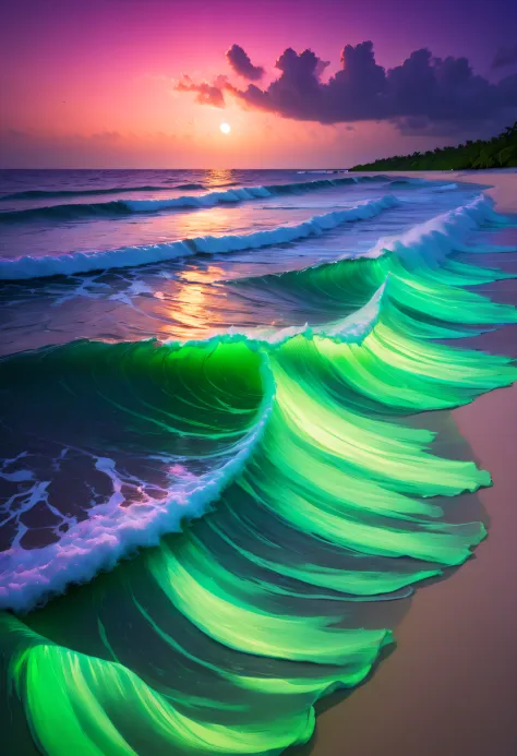 natta，surging in the waves，The sea breeze blowluorescent beaches reveal stunning ocean views，There will be blue light on the waves，Very mysterious and beautiful。Glowing waves，Night light appears on the waves，Natural phenomena，Biofluorescence，Various microo...