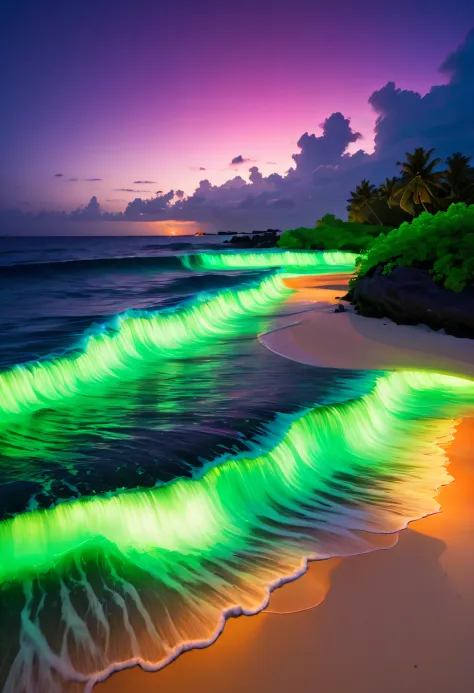 natta，surging in the waves，The sea breeze blowluorescent beaches reveal stunning ocean views，There will be blue light on the waves，Very mysterious and beautiful。Glowing waves，Night light appears on the waves，Natural phenomena，Biofluorescence，Various microo...