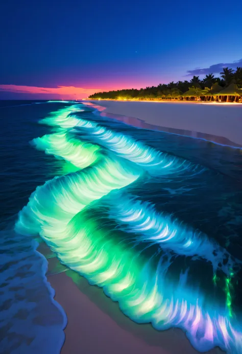 natta，surging in the waves、when the sea breeze blowluorescent beaches easily unfold magnificent sea views，There will be blue light on the waves，Very mysterious and beautiful。Glowing waves，Night light appears on the waves，Natural phenomena，Biofluorescence，V...
