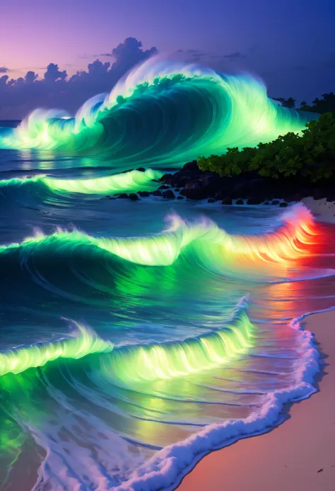 natta，surging in the waves、when the sea breeze blowluorescent beaches easily unfold magnificent sea views，There will be blue light on the waves，Very mysterious and beautiful。Glowing waves，Night light appears on the waves，Natural phenomena，Biofluorescence，V...