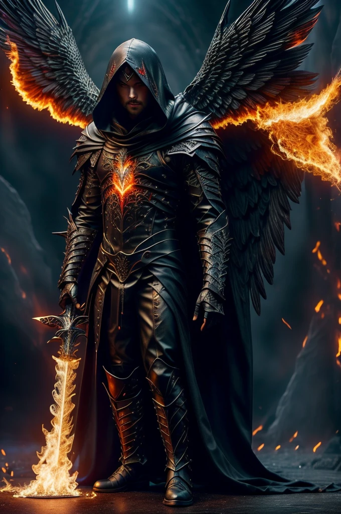 堕落的流血无面天使戴着兜帽拿着巨大的火焰剑和巨大的黑色翅膀跪站在死亡地狱的深渊上
