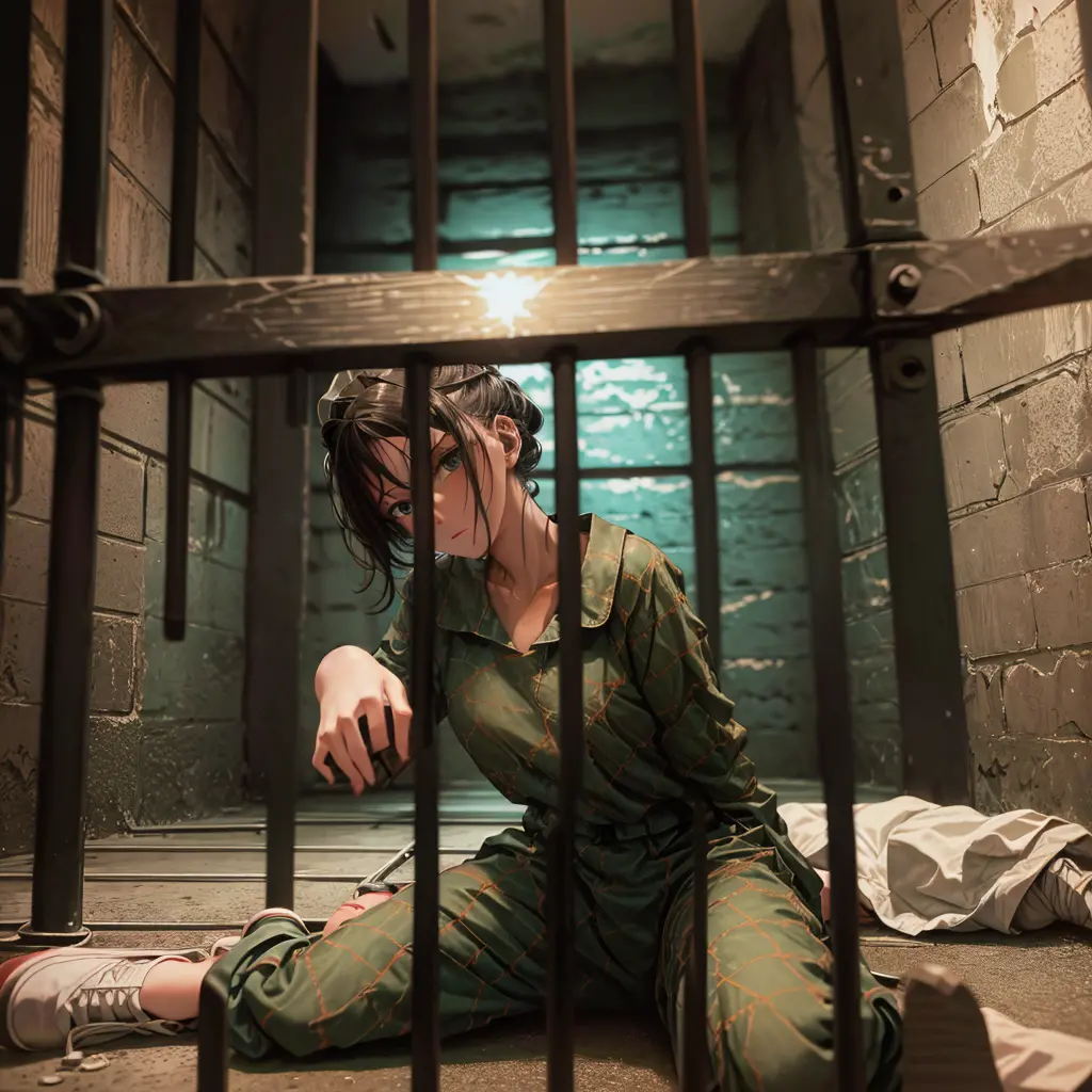 woman sitting on the floor of a prison cell, sitting in a prison, in a prison cell, stood in a cell, sitting in a dark prison ce...