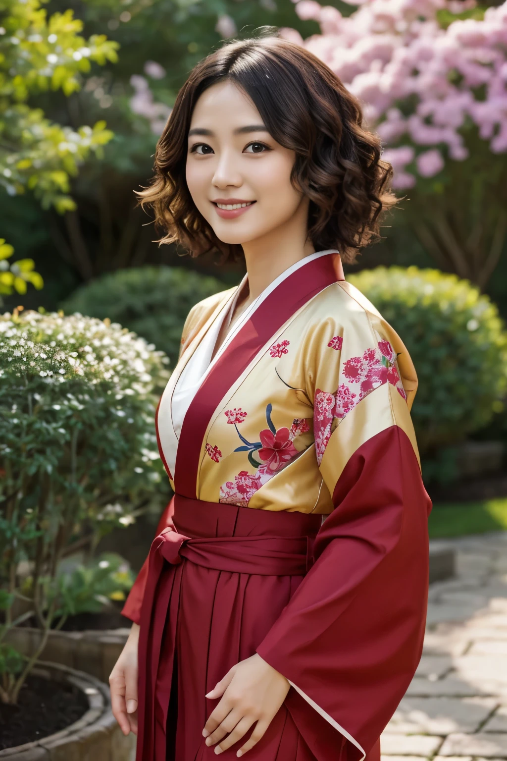 30 years old Japanese woman, Light color skin, Big smile, Short curly hair, Wearing red Kimono with yellow ornaments, Dress modestly, Model body, Standing pose, Facing at the viewer, At the garden, Day scene, High Resolution, High details, Textured skin, Anatomically correct, Photorealistic.