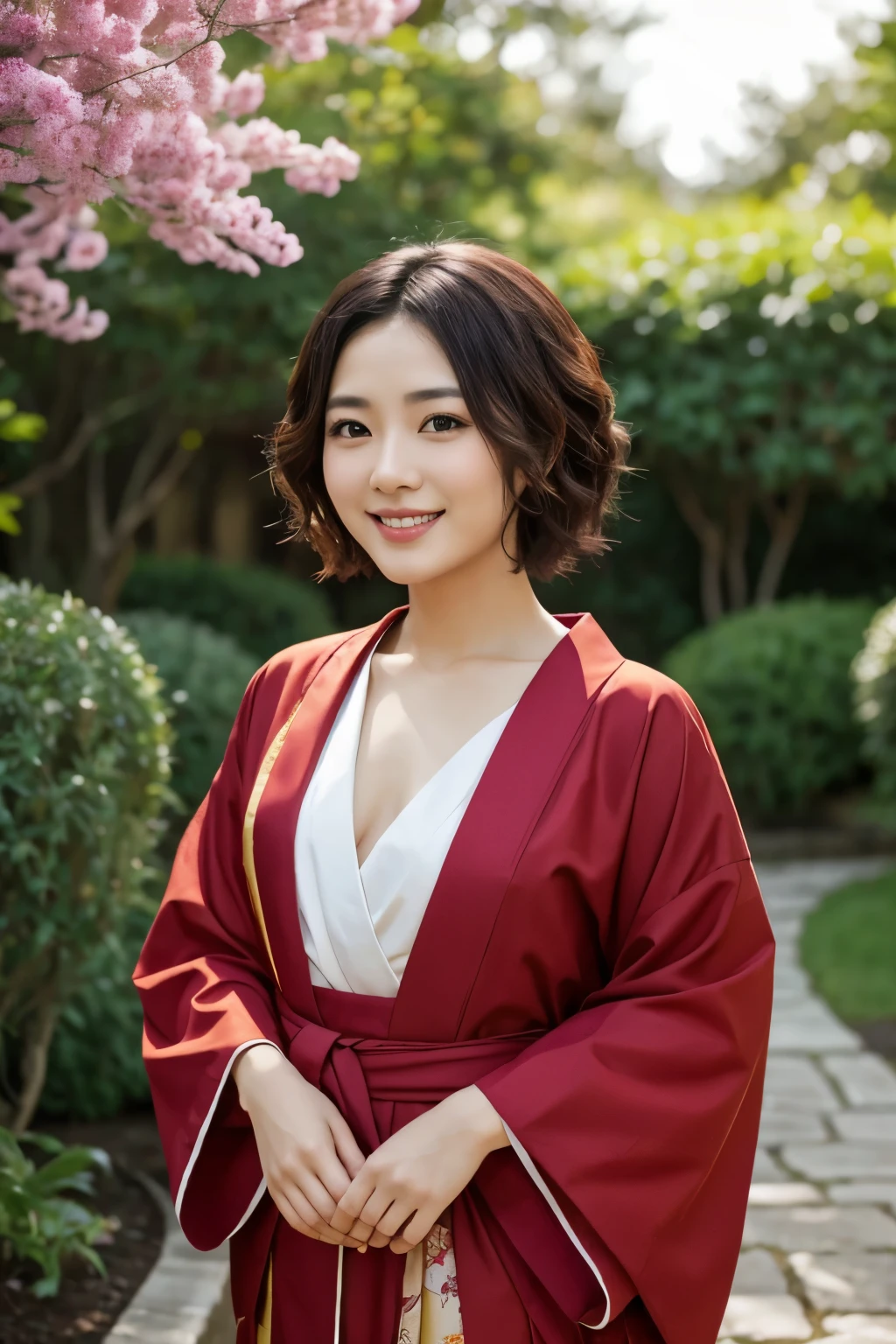 30 years old Japanese woman, Light color skin, Big smile, Short curly hair, Wearing red Kimono with yellow ornaments, Dress modestly, Model body, Standing pose, Facing at the viewer, At the garden, Day scene, High Resolution, High details, Textured skin, Anatomically correct, Photorealistic.