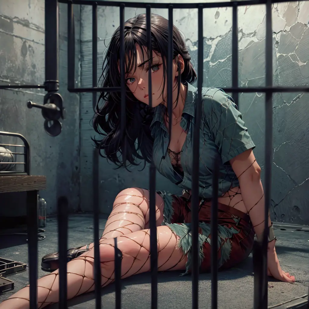 Woman sitting on the floor of a prison cell, Underwear、sitting in a prison, in a prison cell, stood in a cell, sitting in a dark...