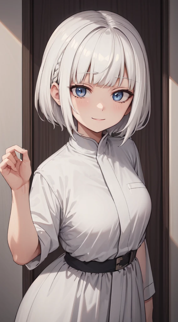 ((thawb)), braid, ((short bangs:1.4)), (white hair), (best quality:1.3), (highres1.3), (clear1.3), (8k:1.3), masterpiece, (detailed:1.1), 1girl, beautiful detailed eyes, beautiful detailed lips, extremely detailed eyes and face, long eyelashes,, blue eyes, shy smile, perfect proportion, face close up,