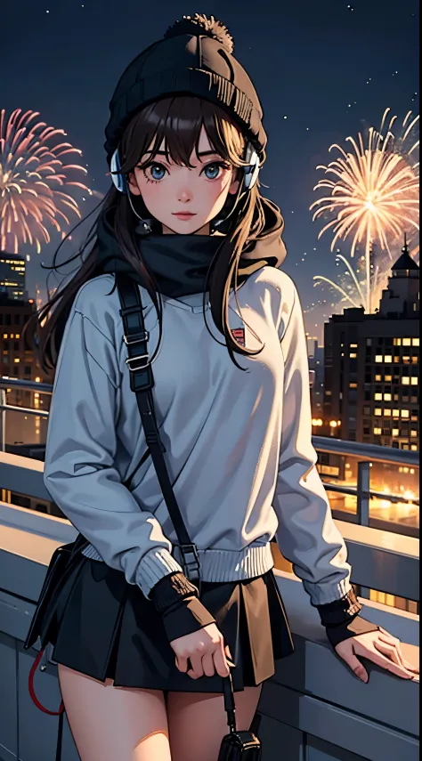 lofi relaxed one brunette girl with headphones walks in roof of a building in NYC. (helicopter) in roof of building. winter nigh...