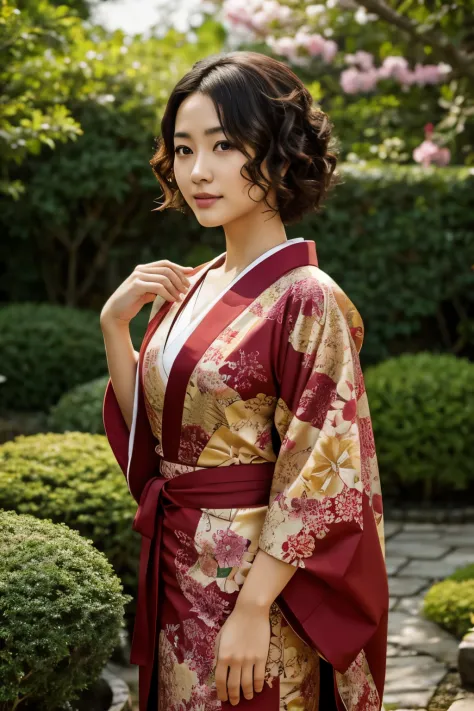 30 years old japanese woman, light color skin, expressionless, short curly hair, wearing red kimono with yellow ornaments, dress...