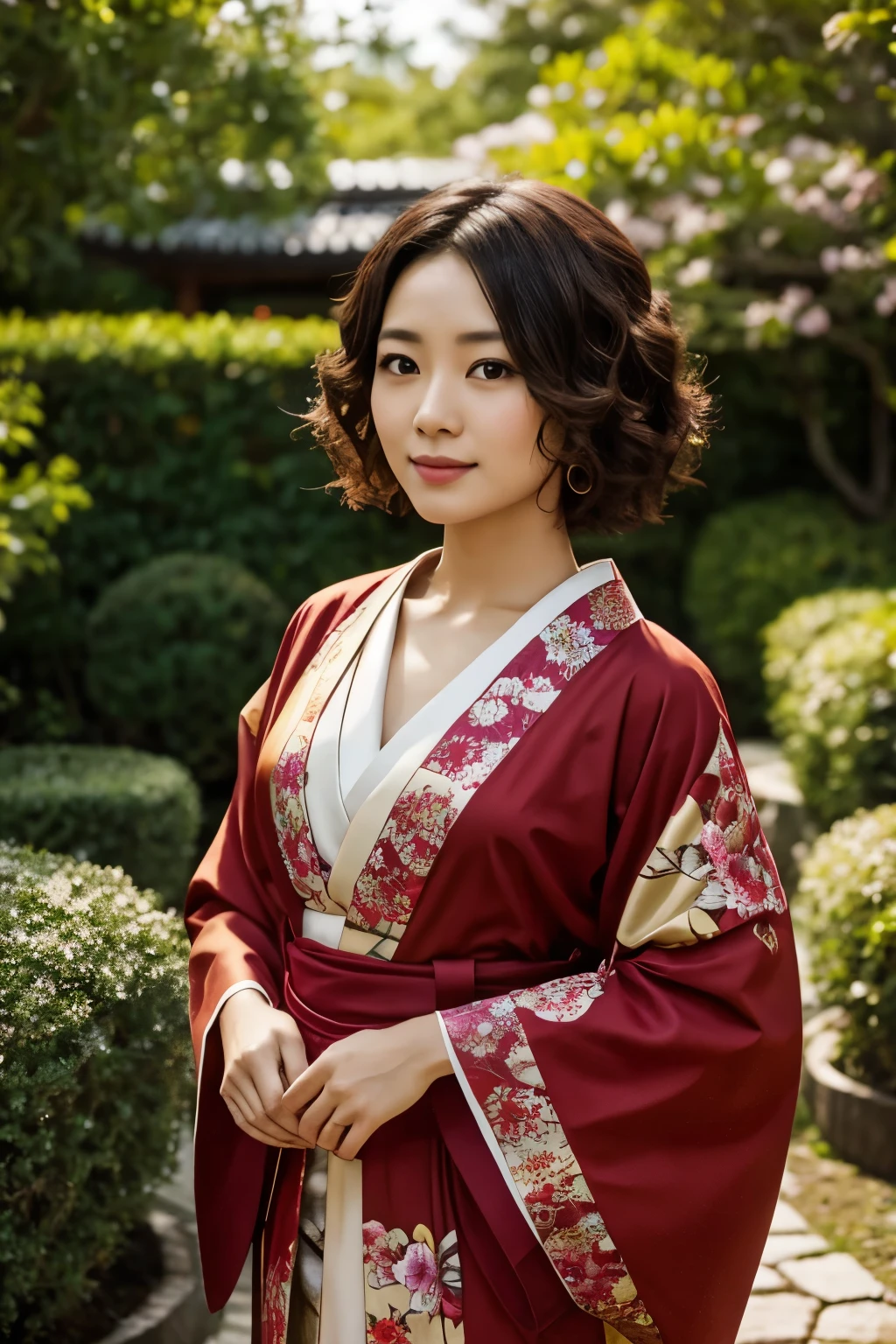 30 years old Japanese woman, Light color skin, Expressionless, Short curly hair, Wearing red Kimono with yellow ornaments, Dress modestly, Model body, Standing pose, Facing at the viewer, At the garden, Day scene, High Resolution, High details, Textured skin, Anatomically correct, Photorealistic.