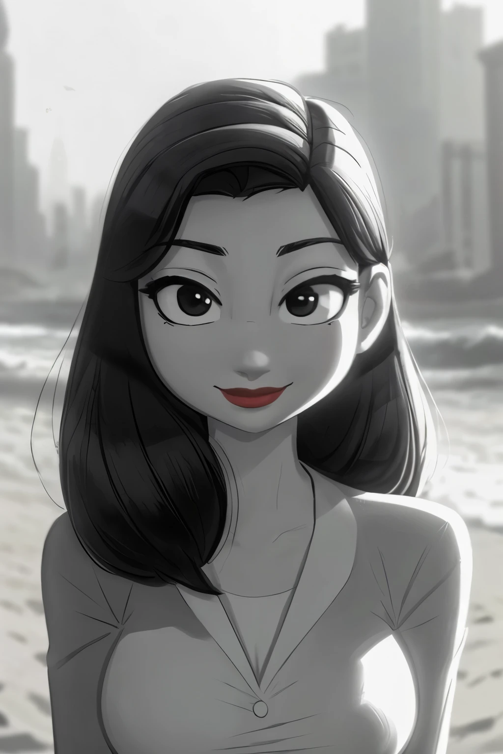 ((ultra quality)), ((tmasterpiece)), Meg, Paperman, (Black & White Style), (black and white cinema), ((Black, hairlong)), (Beautiful cute face), (beautiful female lips), Charming, ((sexy facial expression)), looking at the camera smiling softly, eyes slightly open, (Skin color: white), Body glare, ((detailed beautiful female eyes)), ((Black глаза глаза)), (juicy female lips), (red lipstick on the lips), (beautiful female hands), ((perfect female figure)), perfect female body, Beautiful waist, Gorgeous hips, Beautiful medium breasts, ((Subtle and beautiful)), stands seductively on the sand (), (sexy bikini) background: beach 50-60&#39;s, seaside, ((Depth of field)), ((high quality clear image)), (crisp details), ((higly detailed)), Realistic, Professional Photo Session, ((Clear Focus)), the anime