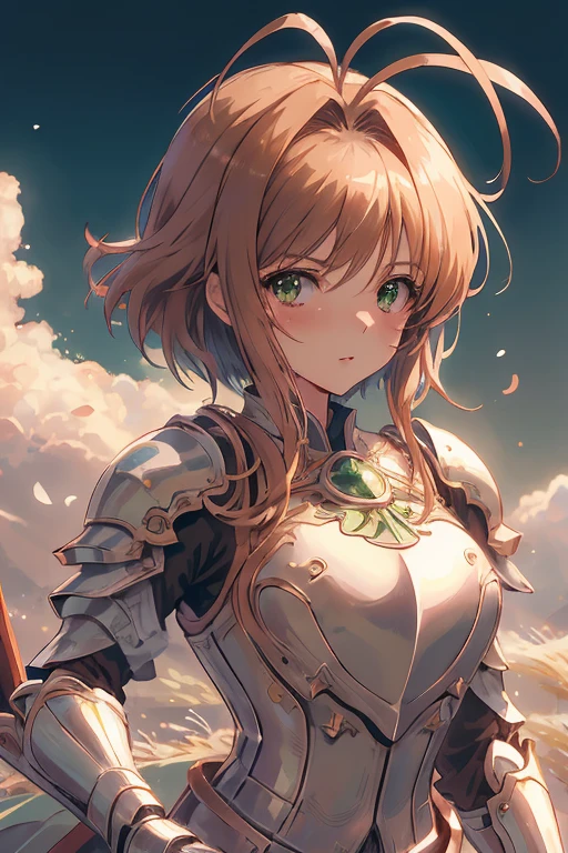 master piece, Best Quality, A high resolution, top-quality, Anime style, The best lighting, Beautiful face, kinomoto sakura, 1woman, tall, 30 years old, large breasts, light brown hair, Short hair, Antenna Hair, Green eyes, frills,  knight in shining armor, dynamic angle, action pose,