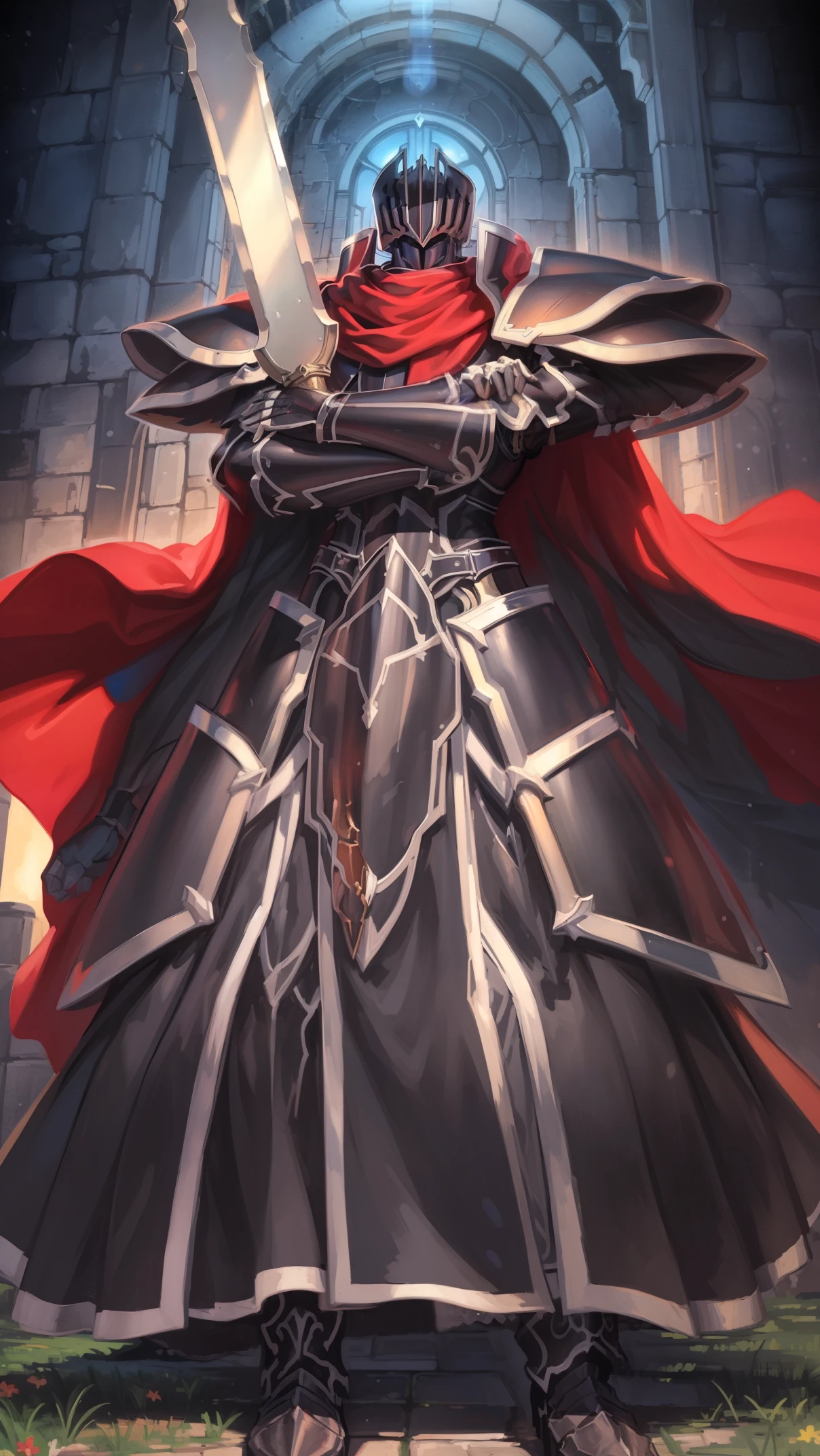 (masterpiece, best quality, detailed:1.2), BlackKnight_fe, armor, helmet, cape, from below, foreshortening, crossed arms, sky background, castle, snowing dark knight locking at viewer , He holds the sword with both hands Black magic sword , scarf standing full body viewer dark sword dark knight knight dark castle wallpaper from front NSFW,official art,extremely detailed CG unity 8k wallpaper, perfect lighting,Colorful, Bright_Front_face_Lighting,
(masterpiece:1.0),(best_quality:1.0), ultra high res,4K,ultra-detailed,
photography, 8K, HDR, highres, absurdres:1.2, Kodak portra 400, film grain He grabs the tip of the sword and points it down
