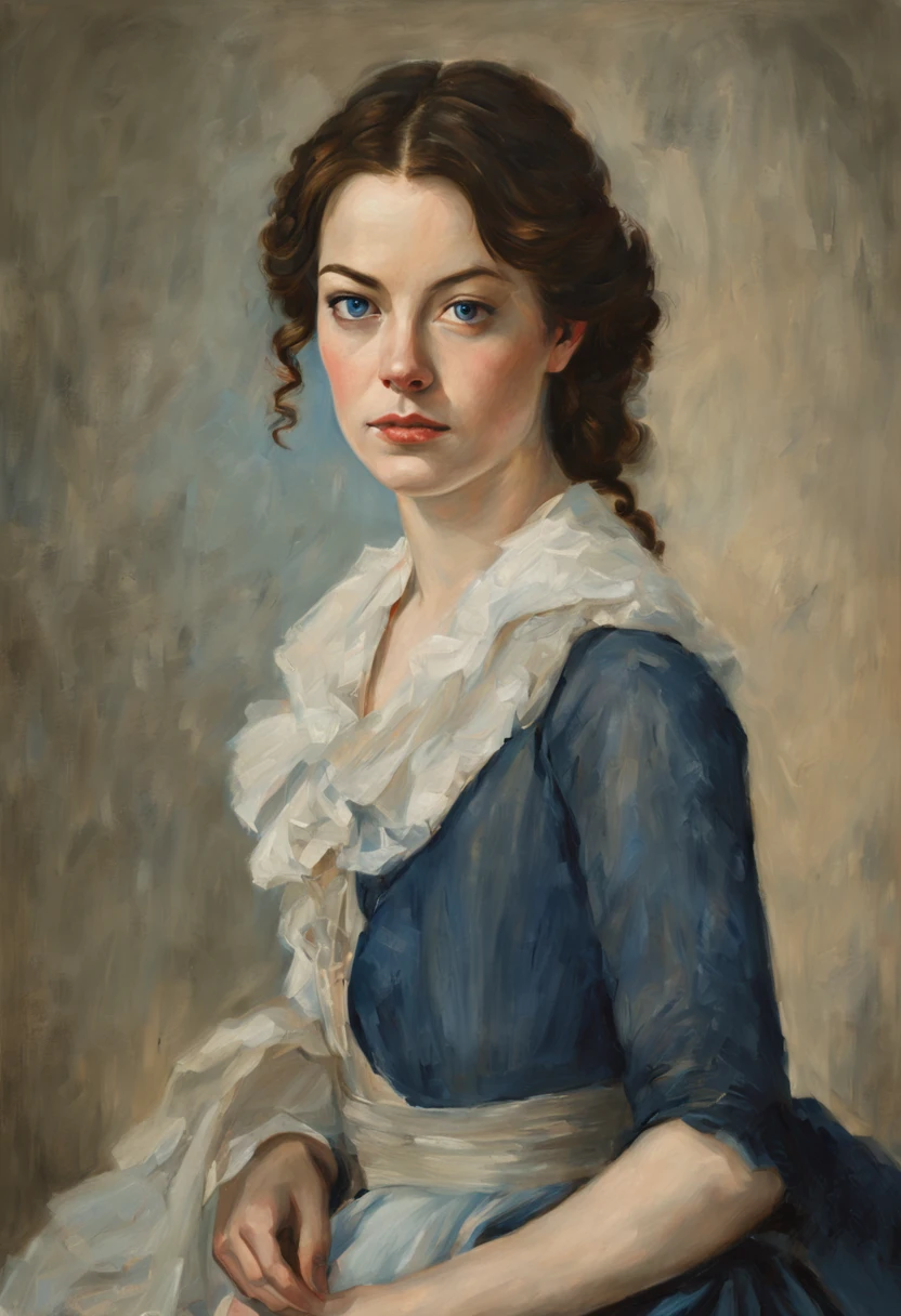 oil painting on canvas, Portrait of a emma stone, dark hair, blue eyes, 18th century, Correct anatomy, Soft light, Sergeant style, Illustration by Greg Rutkowski., Vladimir Volekov