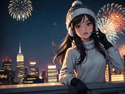 lofi relaxed one brunette girl with headphones takes selfie in roof of a building in NYC. (helicopter) in background. winter nig...