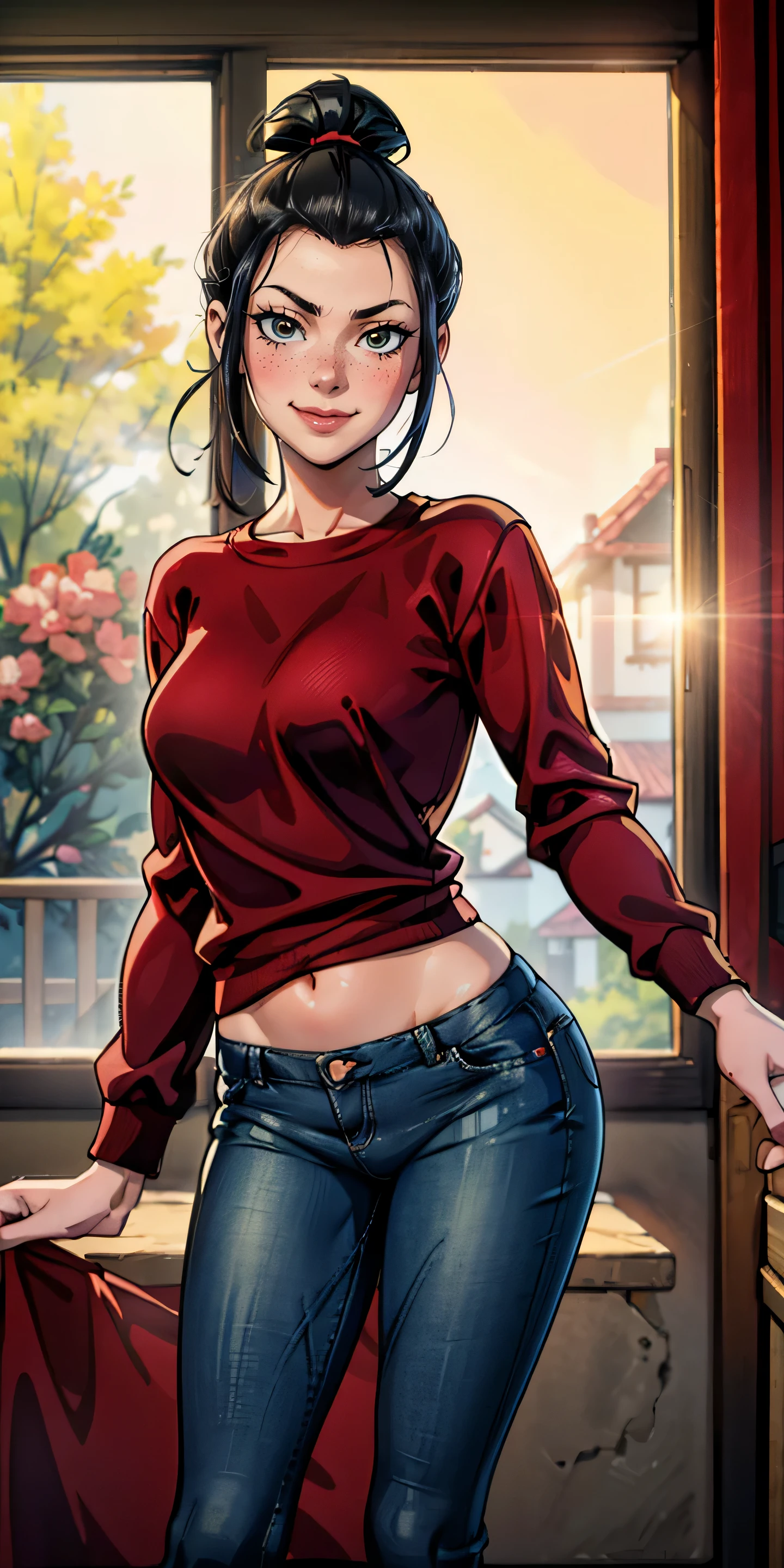(masterpiece, best quality, highres, high resolution:1.2), detailed, ((anime)), Azula, solo, shy, blush, freckles, wearing sweatshirt, panties, highleg panties, standing, (cinematic lighting, sunlight, volumetric), indoors, window, looking at viewer, pubic hair, smiling, (relaxed), red jeans