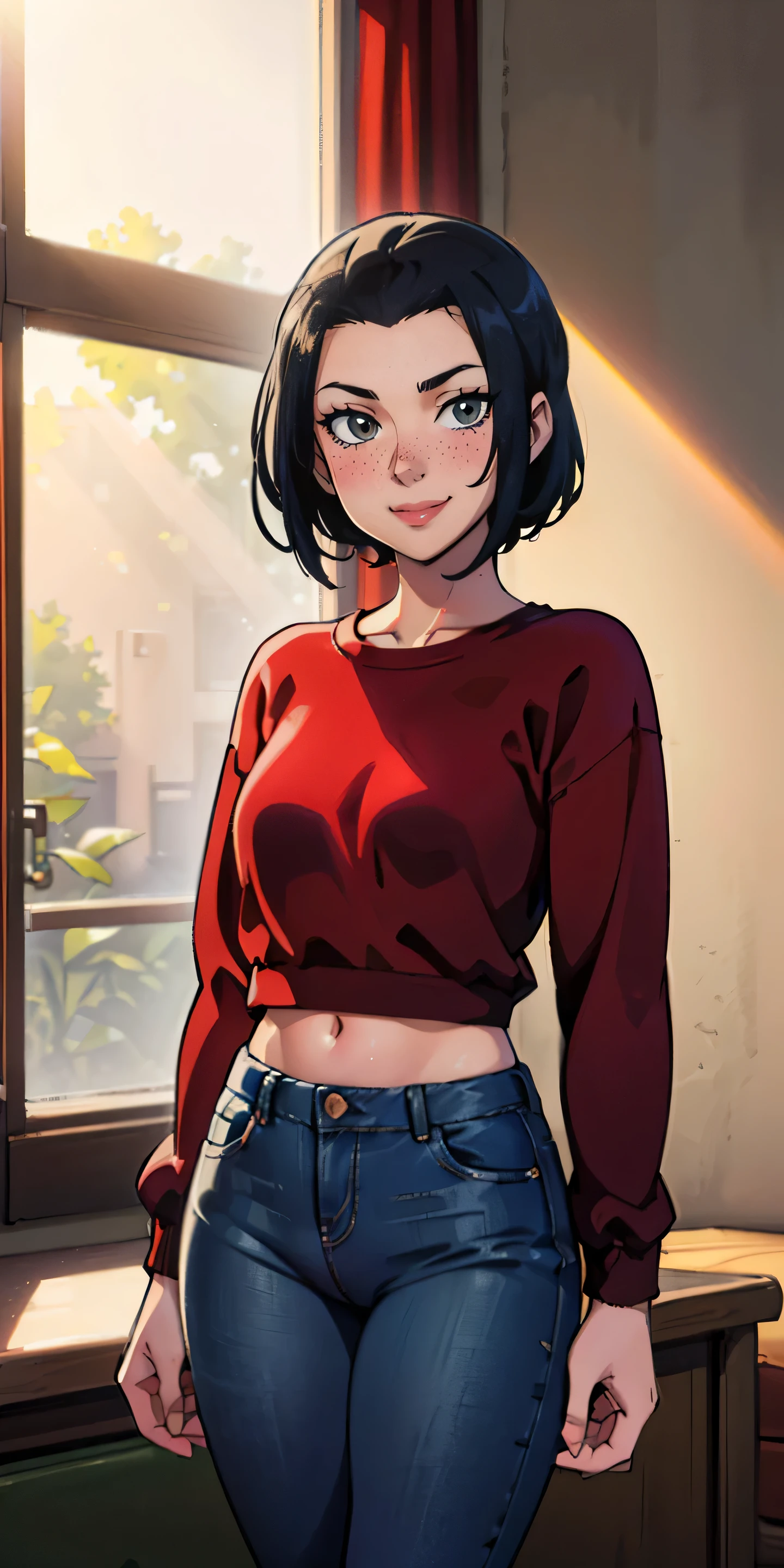(masterpiece, best quality, highres, high resolution:1.2), detailed, ((anime)), Azula, solo, shy, blush, freckles, wearing sweatshirt, panties, highleg panties, standing, (cinematic lighting, sunlight, volumetric), indoors, window, looking at viewer, pubic hair, smiling, (relaxed), red jeans
