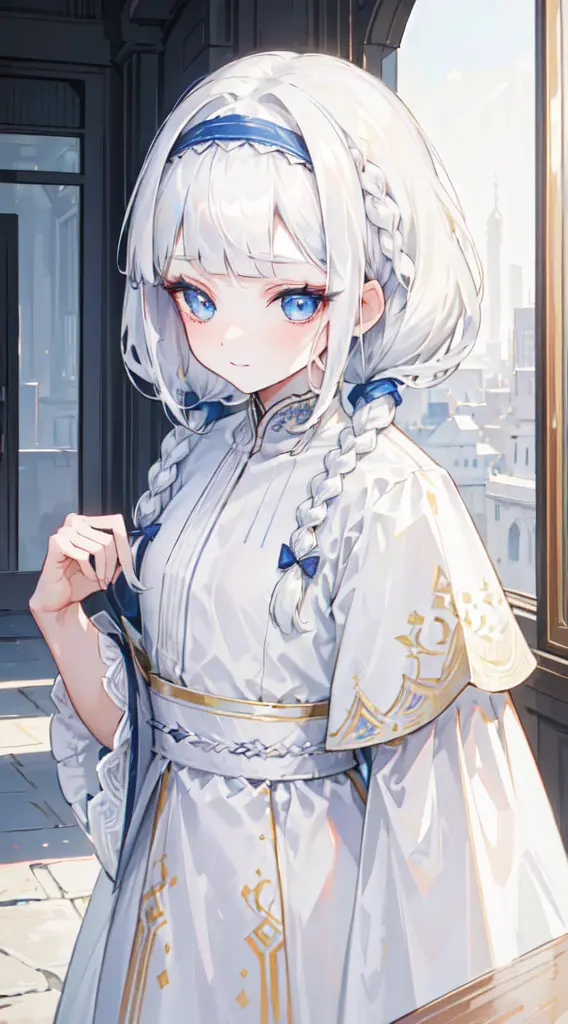 ((thawb)), braid, ((short bangs:1.4)), (white hair), (best quality:1.3), (highres1.3), (clear1.3), (8k:1.3), masterpiece, (detai...