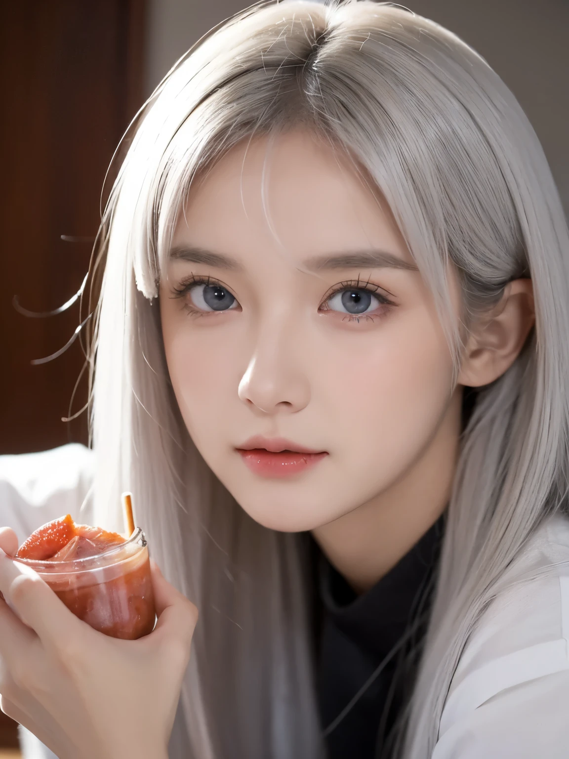 Show word copy make a girl with pink skin, pretty eyes (red eyes) as deep as the night sky, Half sad face lying on the table, White hair, looking at you, With anime/Semi-realistic art style