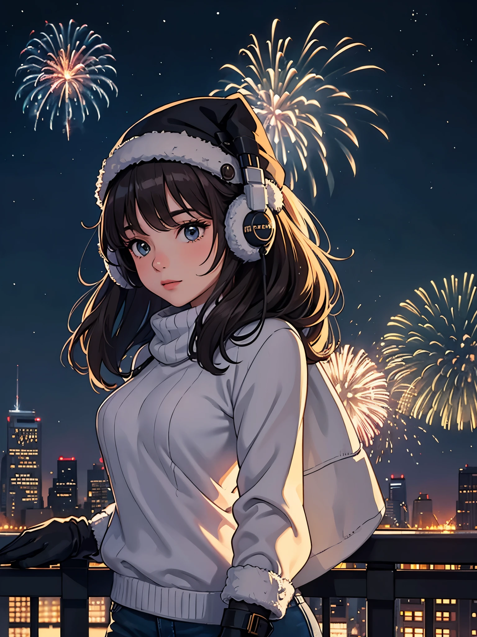 lofi relaxed one brunette girl with headphones enters helicopter in roof of a builing in NYC. winter night. beautiful landscape of NYC with statue of liberty, (fireworks) in night sky. travel. tourist. sweater, gloves, winter hat. long hair. new year eve