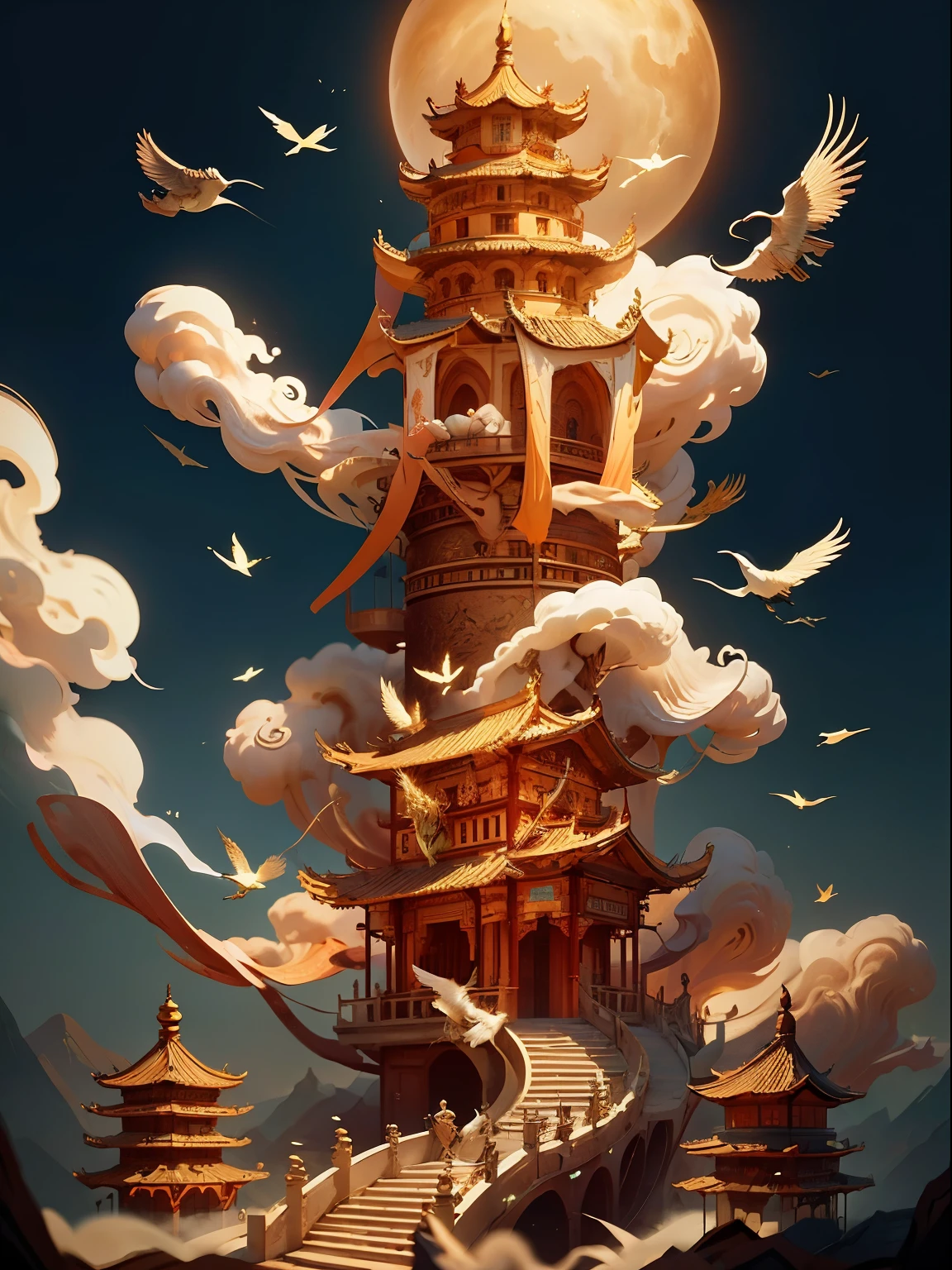 Da sitzt ein Vogel auf dem Tisch im Himmel, Chinesische Hyperrealität, chinesische fantasie, fliegendes Wolkenschloss, Auf dem Thron des Fantasielandes liegen, hohe goldene himmlische Tore, surreale Konzeptkunst, digitales Gemälde einer Pagode, feng zhu |, Wolkenpalast, inspiriert von Brian Despain, Autor：Qu Leilei, Autor：julianisch