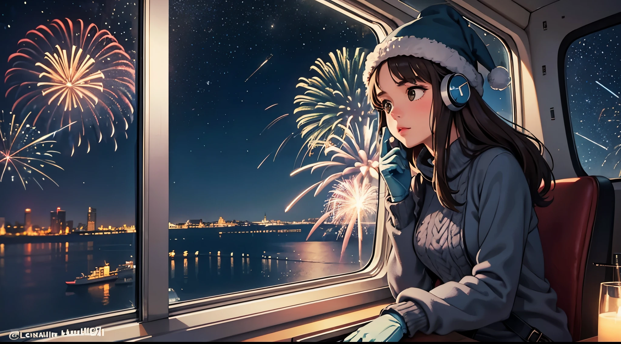 lofi relaxed one brunette girl with headphones flies in helicopter, looks in awe through window, head glued to window. winter night. beautiful landscape of statue of liberty with (fireworks) in night sky.. travel. tourist. sweater, gloves, winter hat. long hair. new year eve