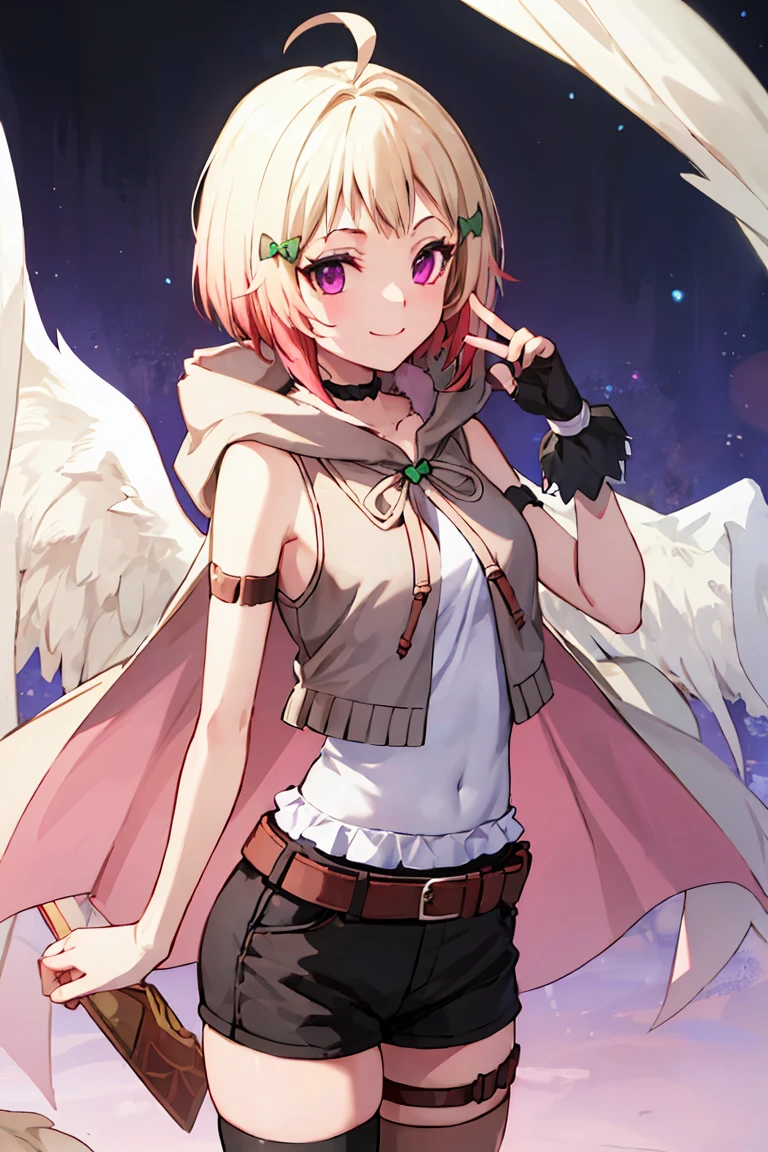 upper body, smile, 1girl,solo,ahoge,green bow,hair ornament,hair bow,short hair,purple eyes,multicolored hair,gradient hair,pink hair,blonde hair, black choker,fur trim,pink fur trim,grey hood,hood down,grey sleeveless hoodie,blue vest,detached sleeves,belt,angel wings,white wings,feathered wings,cape,fingerless gloves,black shorts,thigh strap,thighhighs,asymmetrical legwear