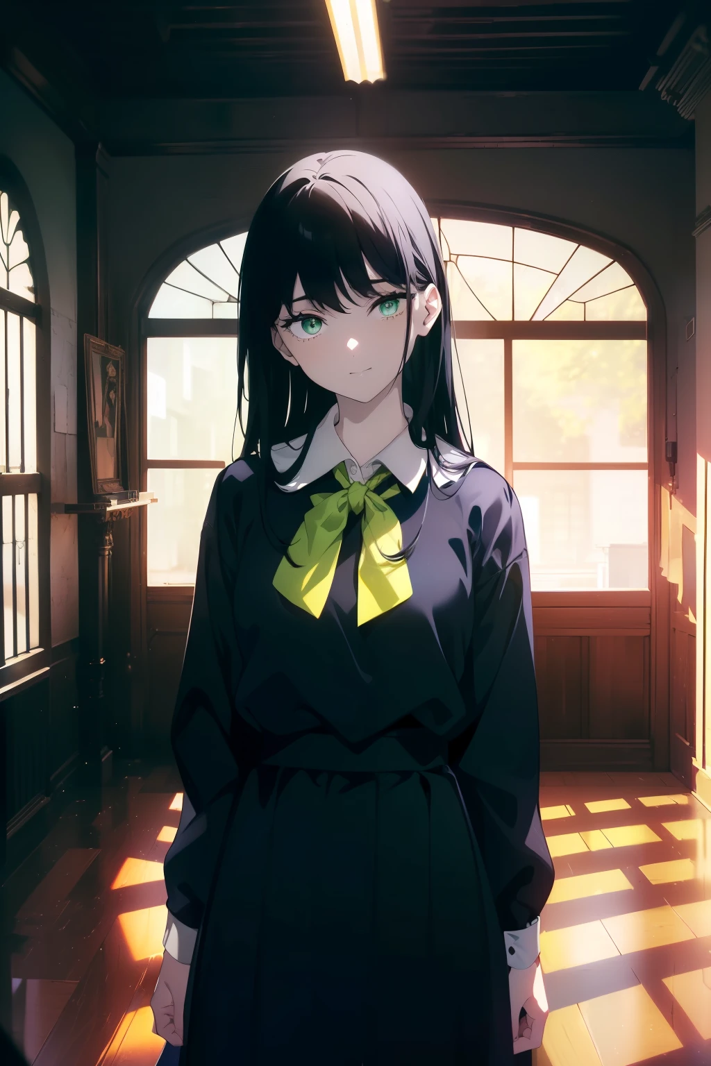 ((((Obra maestra, La mejor calidad, ultrahigh resolution)))), 1girl, standing, ((navy blue school uniform)), (((long black hair))), pale skin, ((green eyes)), glowing_eyes, neon eyes, (ultra detailed eyes:0.7, beautiful and detailed face, detailed eyes:0.9), ((centered)), smile, ((wide shot)), facing viewer, ((indoor house background)), medium breasts, looking at viewer, ((half closed eyes)), ((perfect hands)), (((head:1, arms, hips in view, elbows, upper thigh area, in view))), ((thinking)), empty eyes, beautiful lighting, outside, outdoors, background, defined subject, 18 years old, (head tilt), (((cool))),